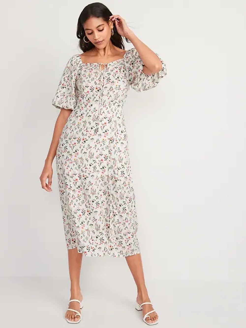 Old Navy Puff Sleeve Floral Printed Pintucked Smocked Midi Swing Dress Size XS
